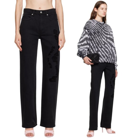 NWT Alexander Wang EZ Mr Relaxed Straight Denim Wavy Tufted Logo Black Sz 25 - Picture 1 of 9